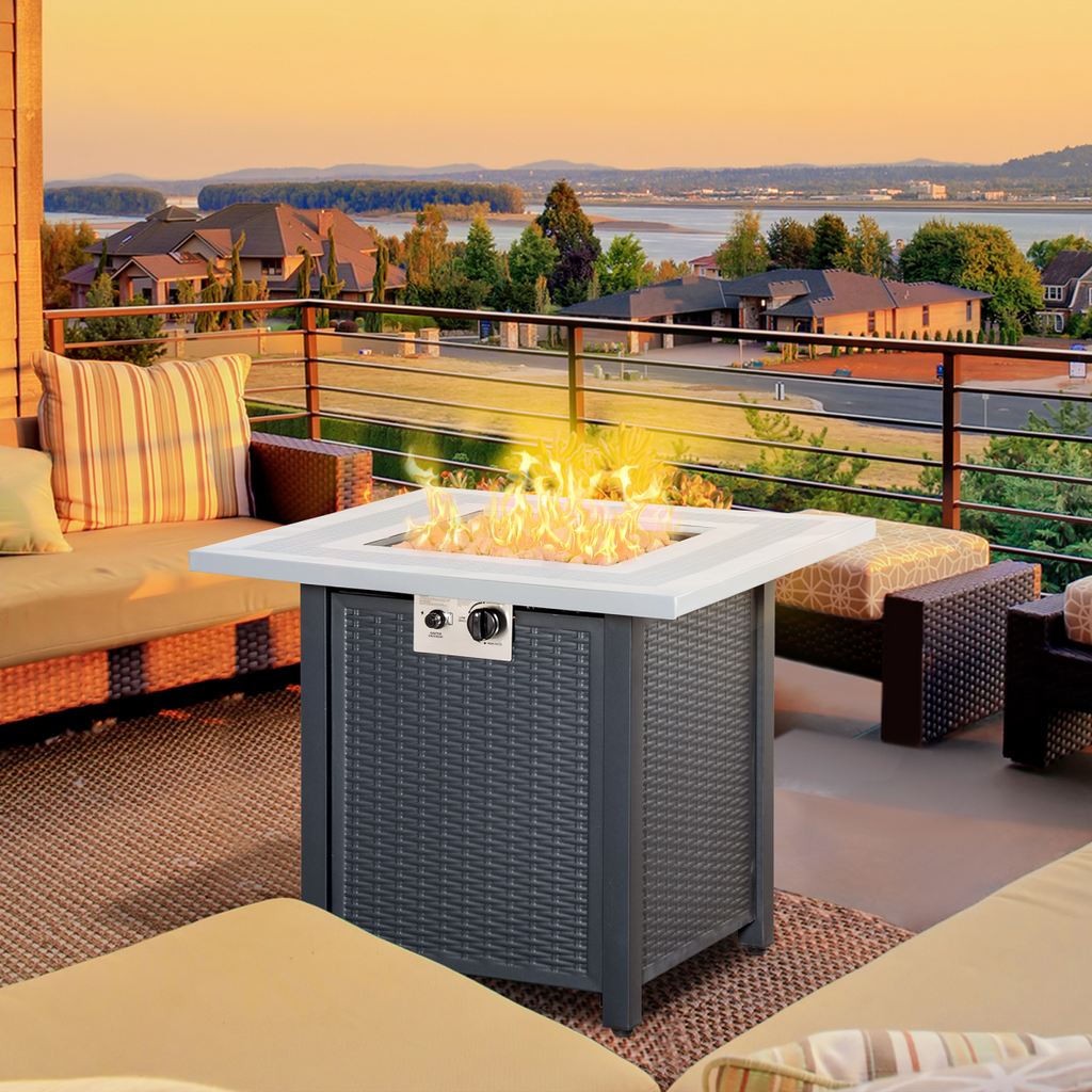 Luxury Square Propane Gas Fire Pit Table Rattan Smokeless Heater with Lava Rocks & Lid
