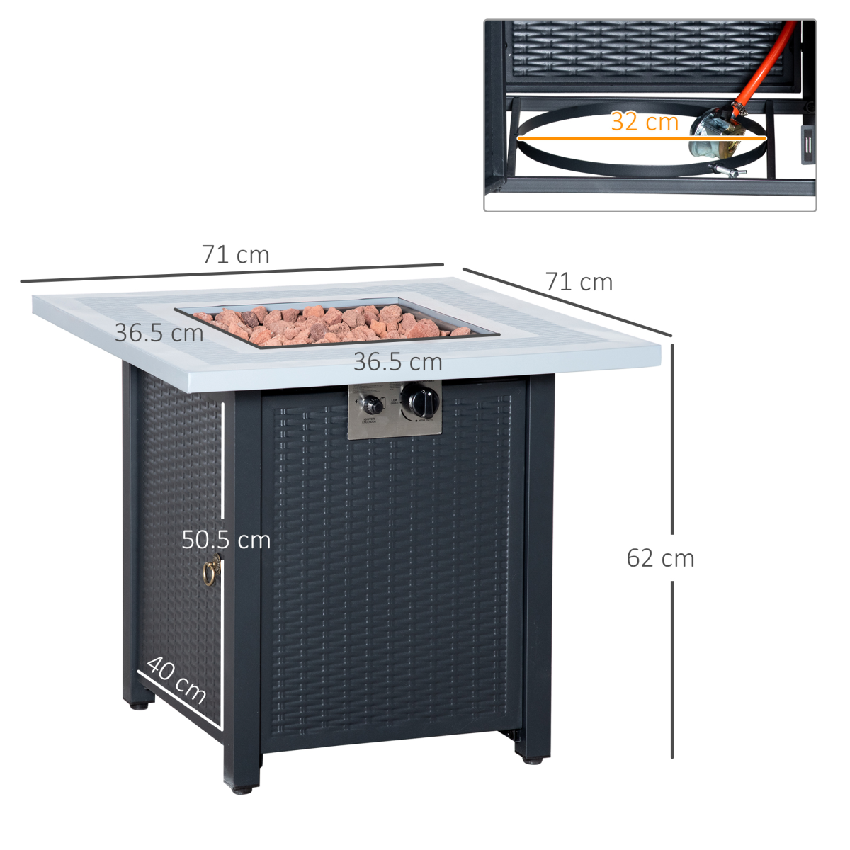 Luxury Square Propane Gas Fire Pit Table Rattan Smokeless Heater with Lava Rocks & Lid