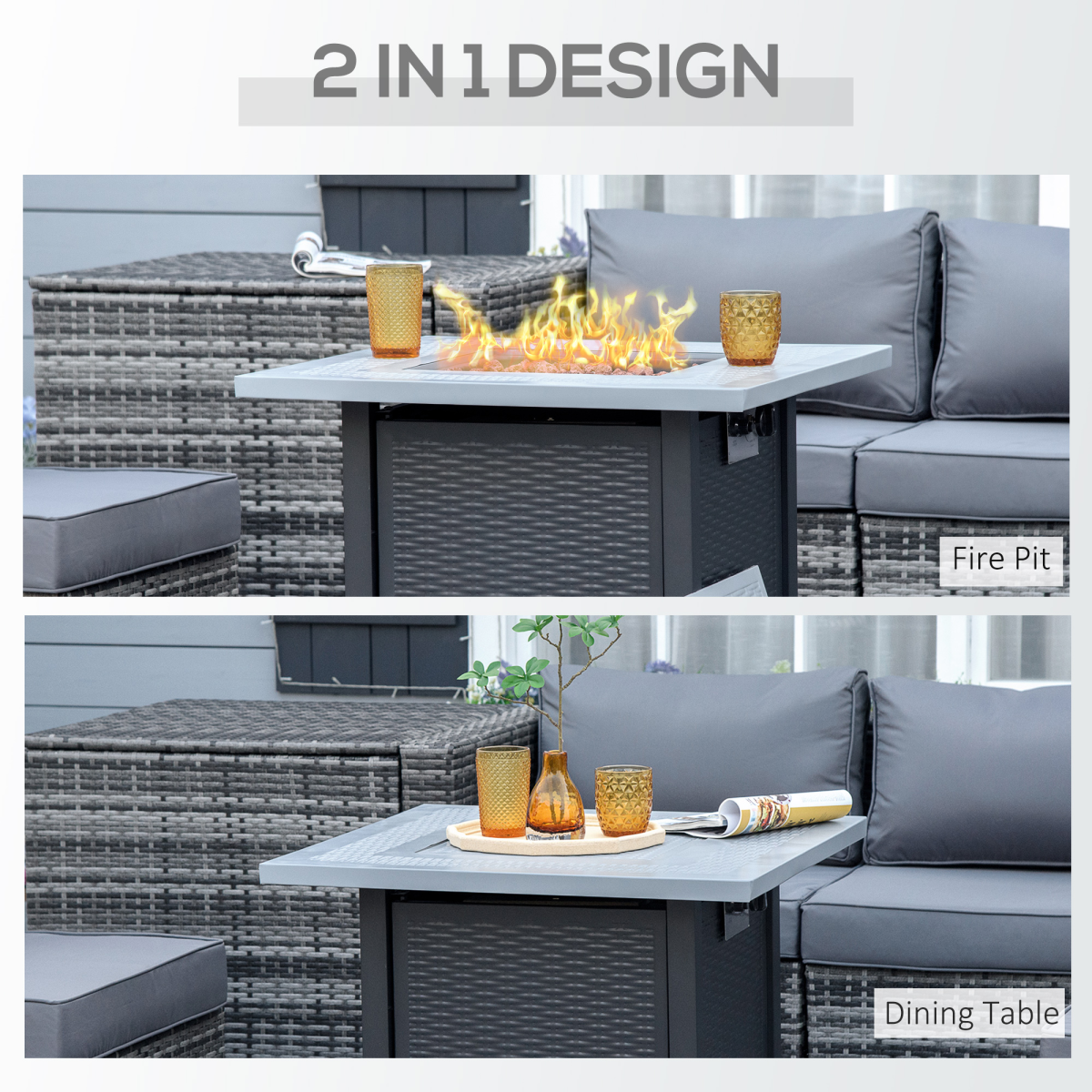 Luxury Square Propane Gas Fire Pit Table Rattan Smokeless Heater with Lava Rocks & Lid