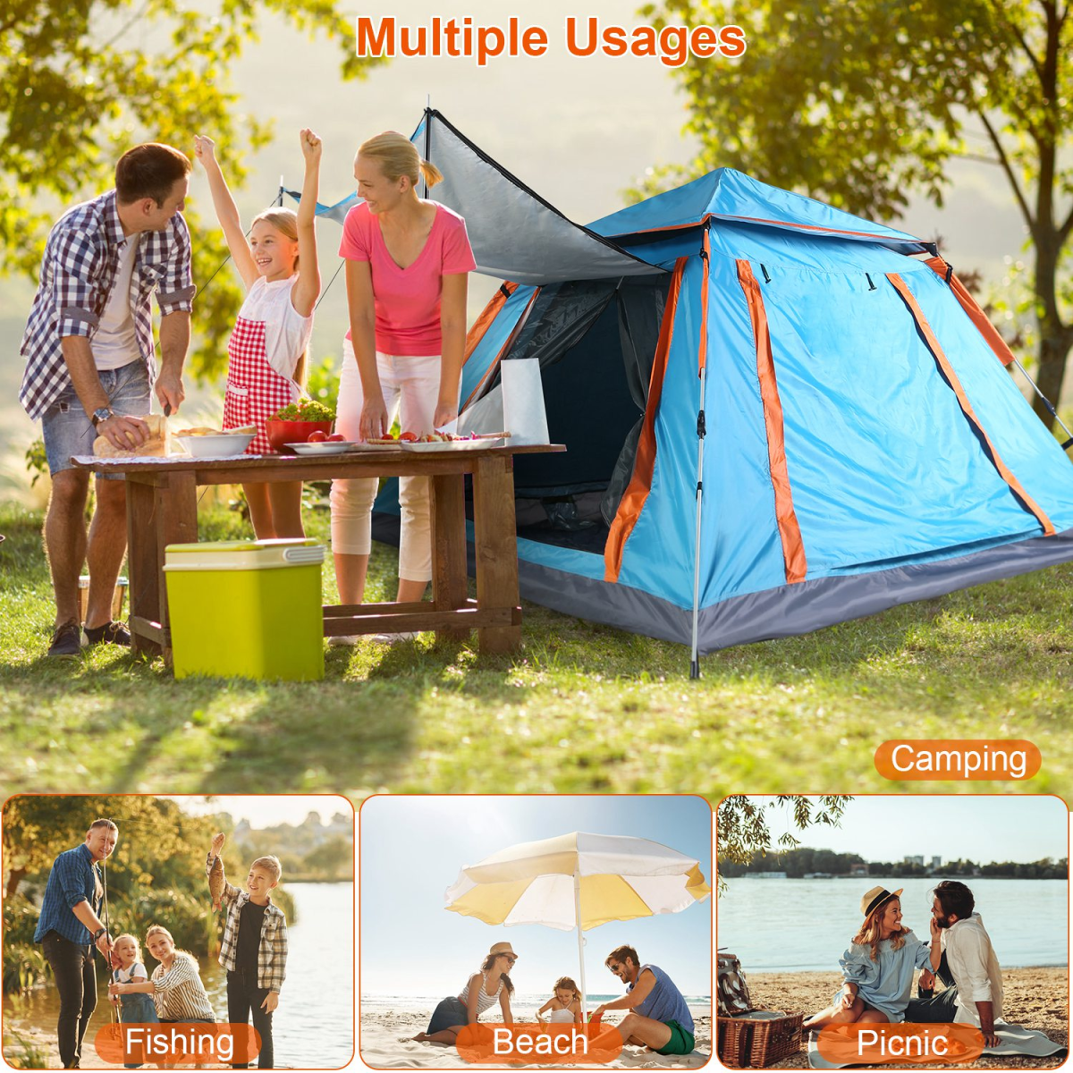 4-5 Person Pop-Up Camping Tent, Instant Setup Family Tent with 2 Mosquito Nets Windows, Portable for Hiking, Backpacking & Outdoor Adventures, Waterproof & Windproof--Blue