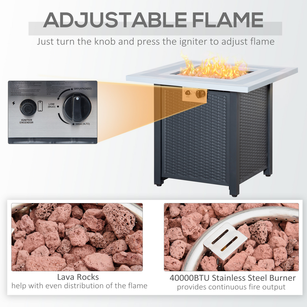 Luxury Square Propane Gas Fire Pit Table Rattan Smokeless Heater with Lava Rocks & Lid
